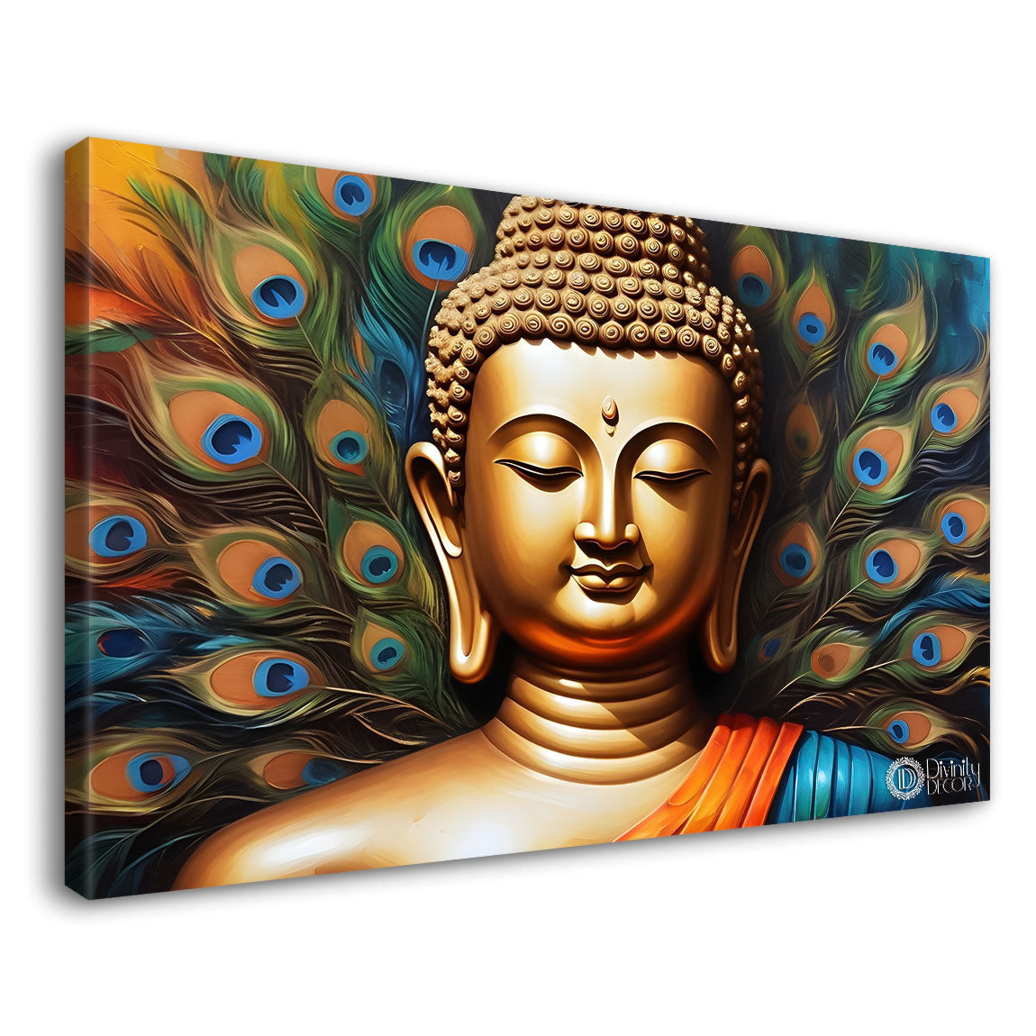 Golden buddha with peacock feather textured background painting Canvas Wall Painting - Buddha-379