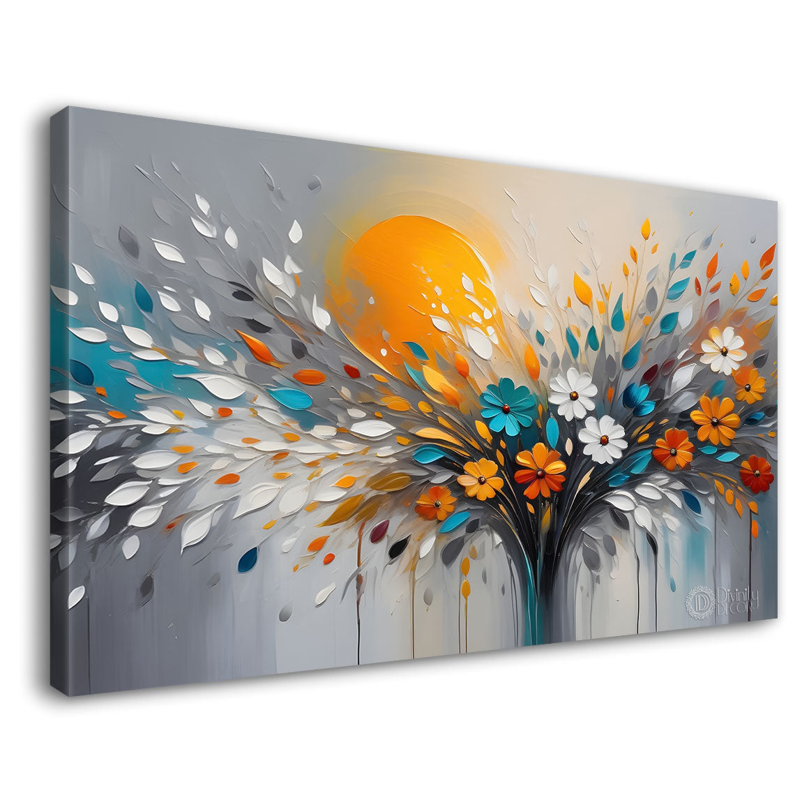 Colorful flowers tree with sun in grey background canvas painting- Flower-379