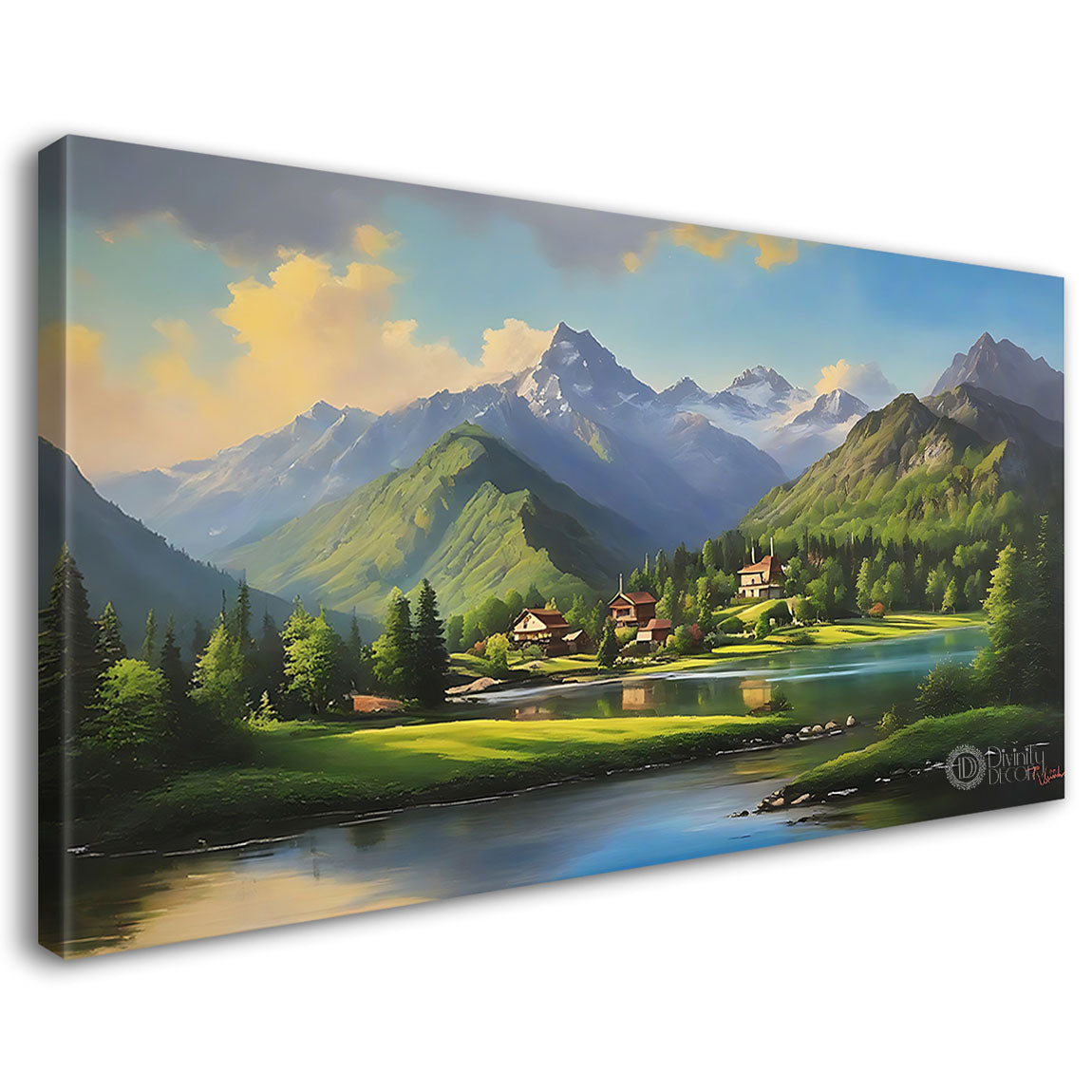Mountains with greenery and lake in textured natural scenery art Canvas Painting - Nature Art -37