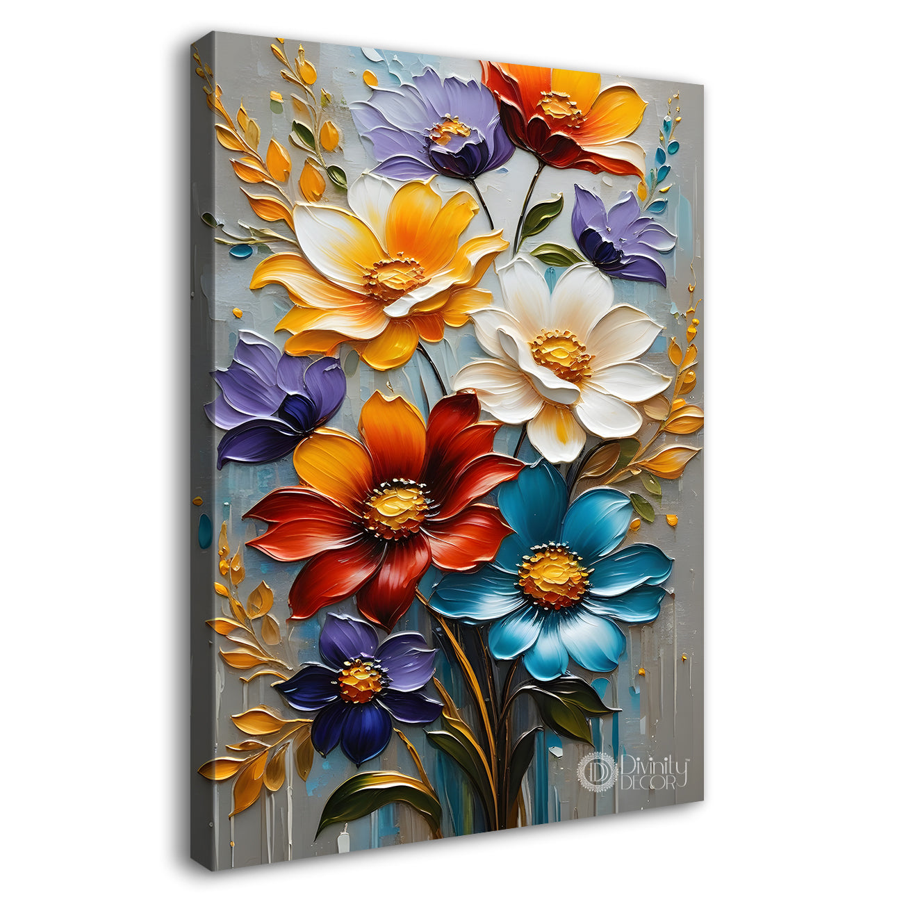 Colourful flowers in grey textured background painting - Flower-V-37
