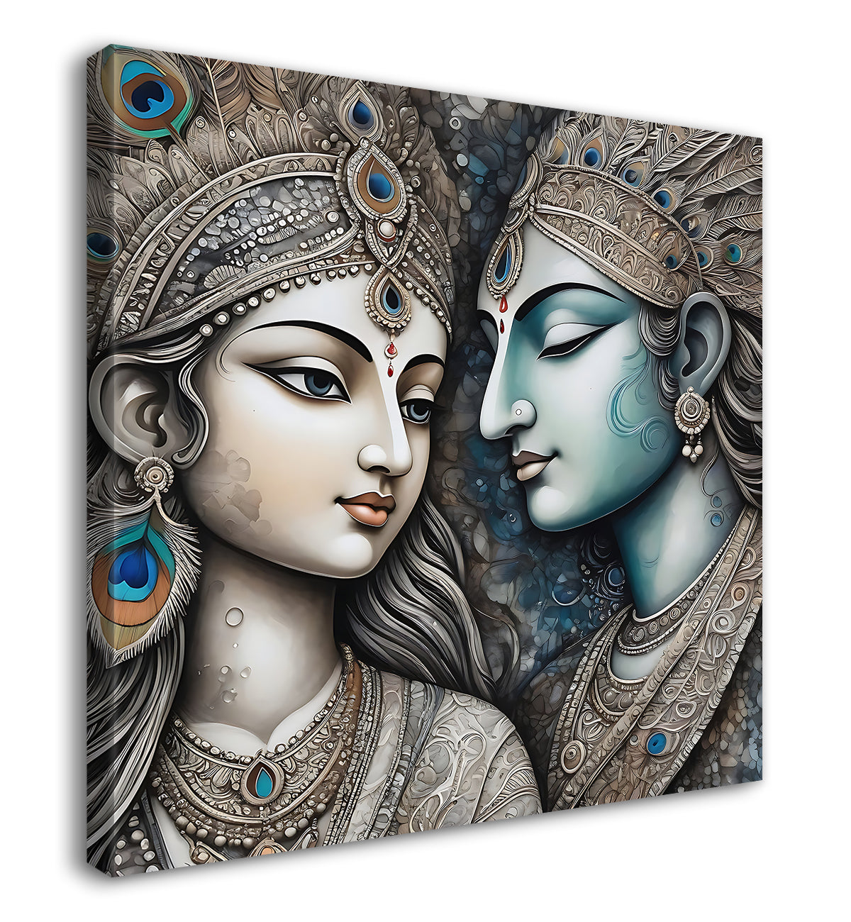 Krishna and radha with grey and bown textured oil painting Canvas Painting 24X24- Design - Krishna-S-37