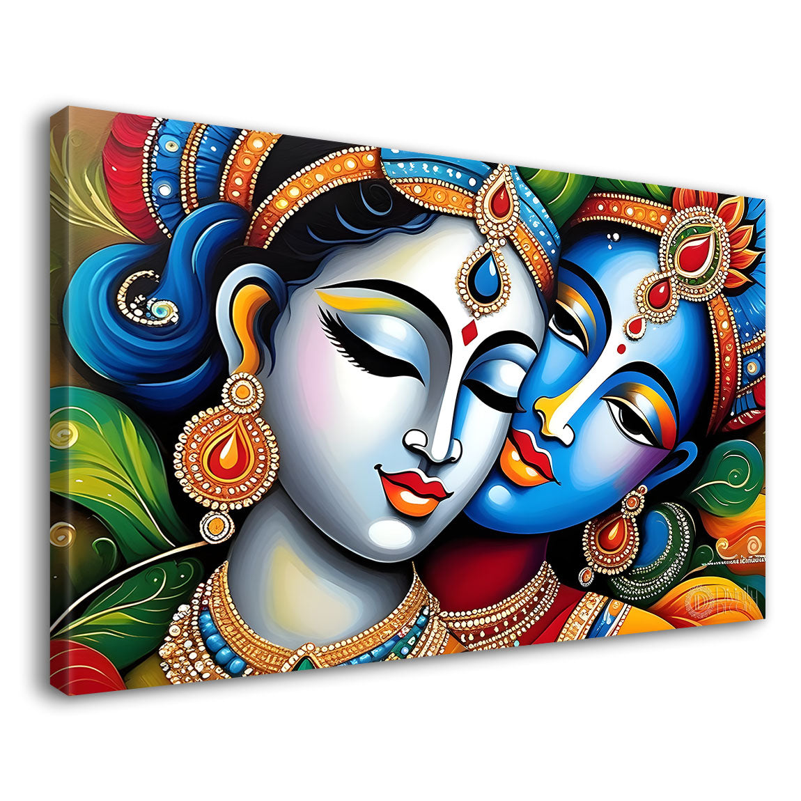 Blue face Krishna and Radha in bright textured painting Canvas Painting - Design - Krishna-37