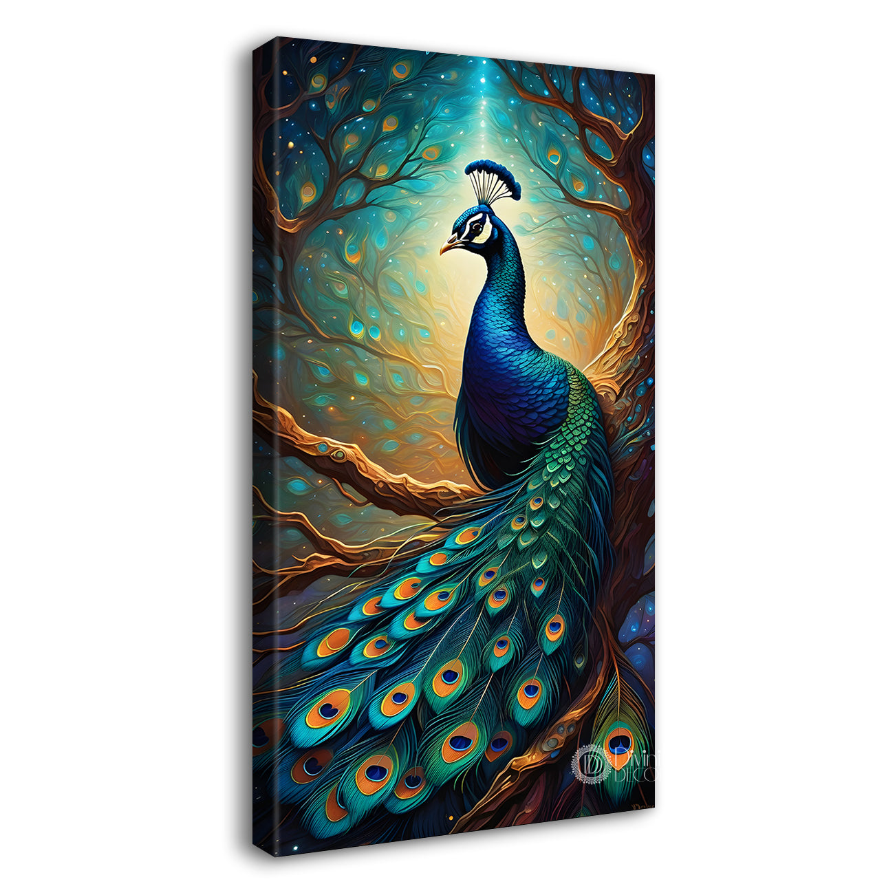 Peacock on branch in front of moon with aqua background modern art painting  - Design - Peacock-V-37