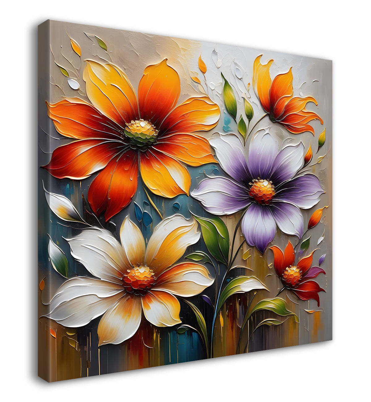 Colourful flowers in blue background textured painting - Flower-S-37