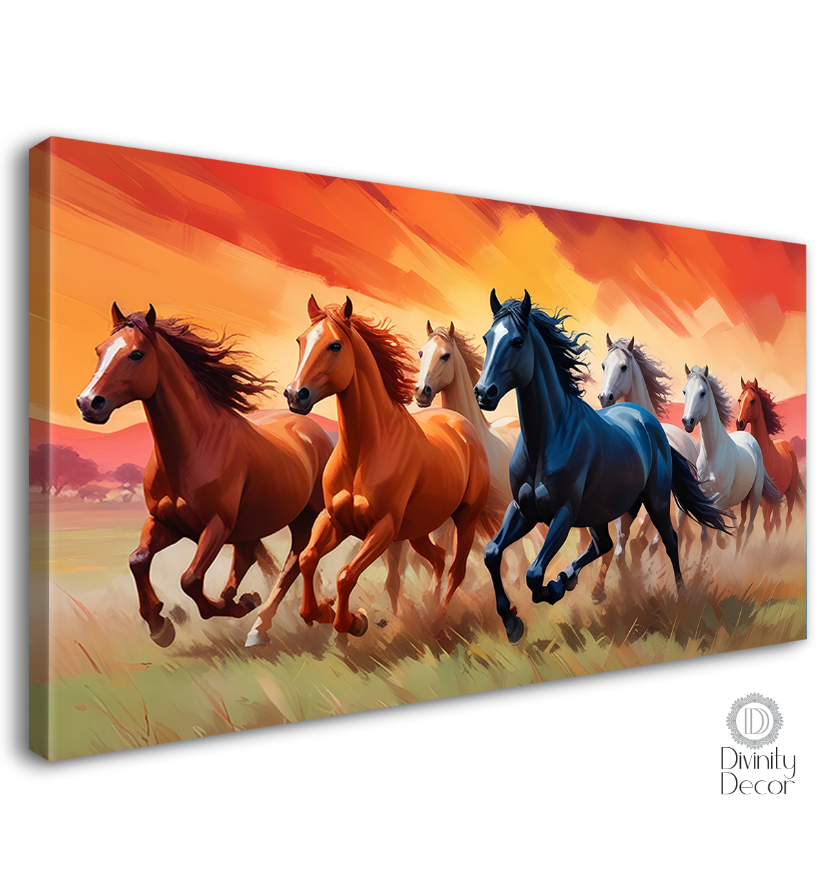 Brown, white and blue running horses on the field in orange textured background art Canvas Painting - Design - Horse-38
