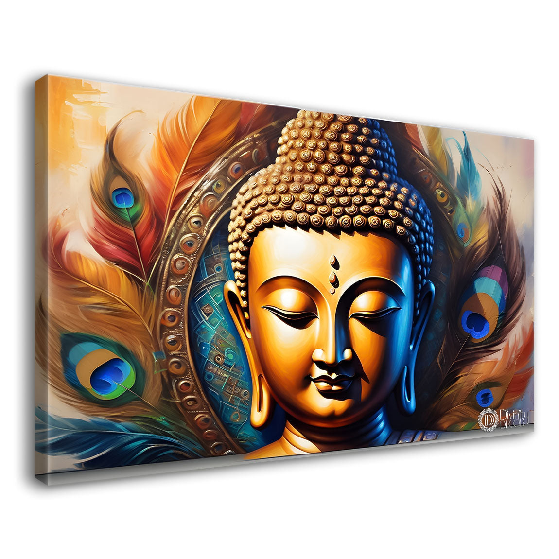 Golden buddha with peacock feather and orange textured background painting Canvas Wall Painting - Buddha-380