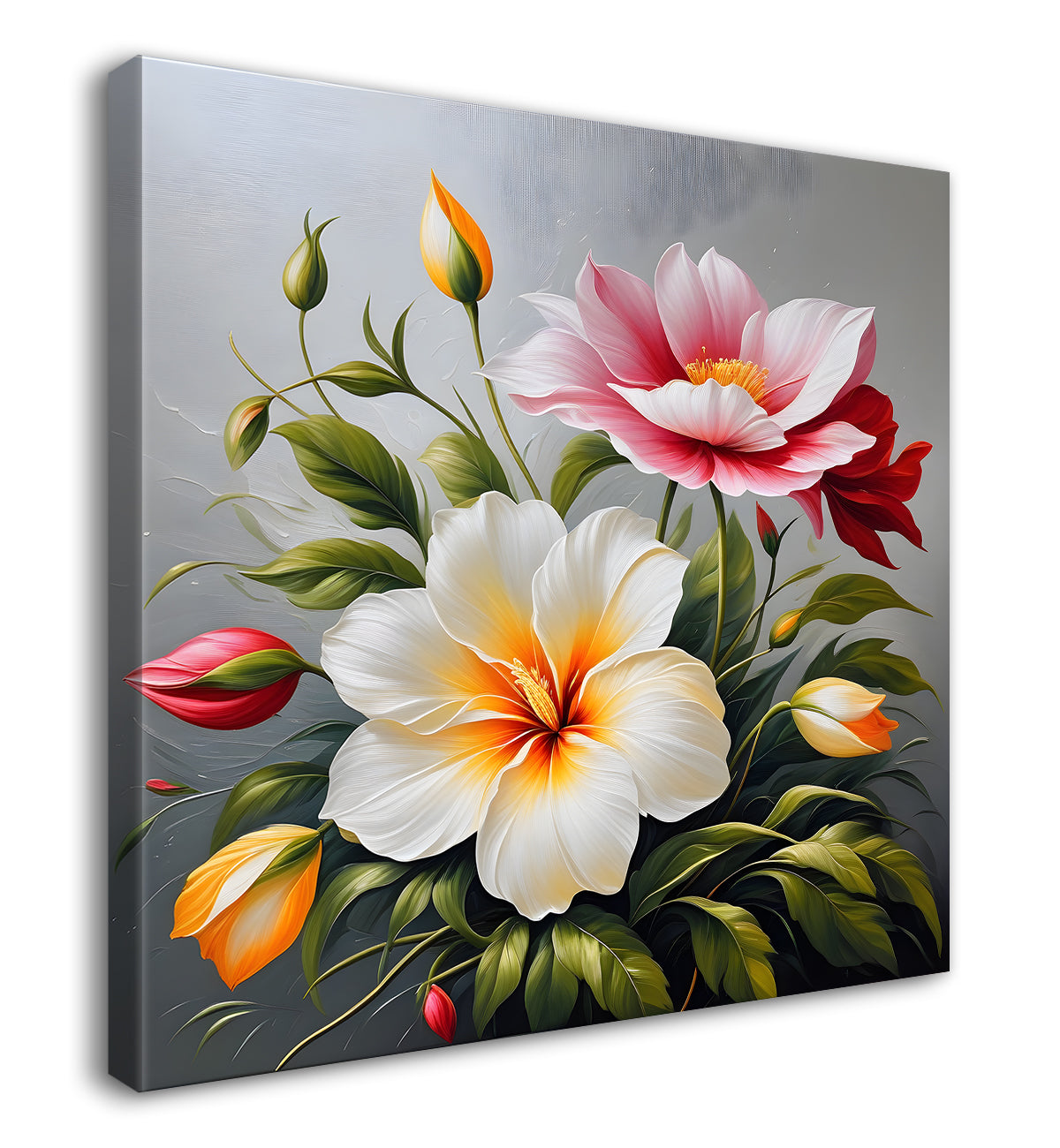 White and pink flower in textured oil painting   Flower-S-380