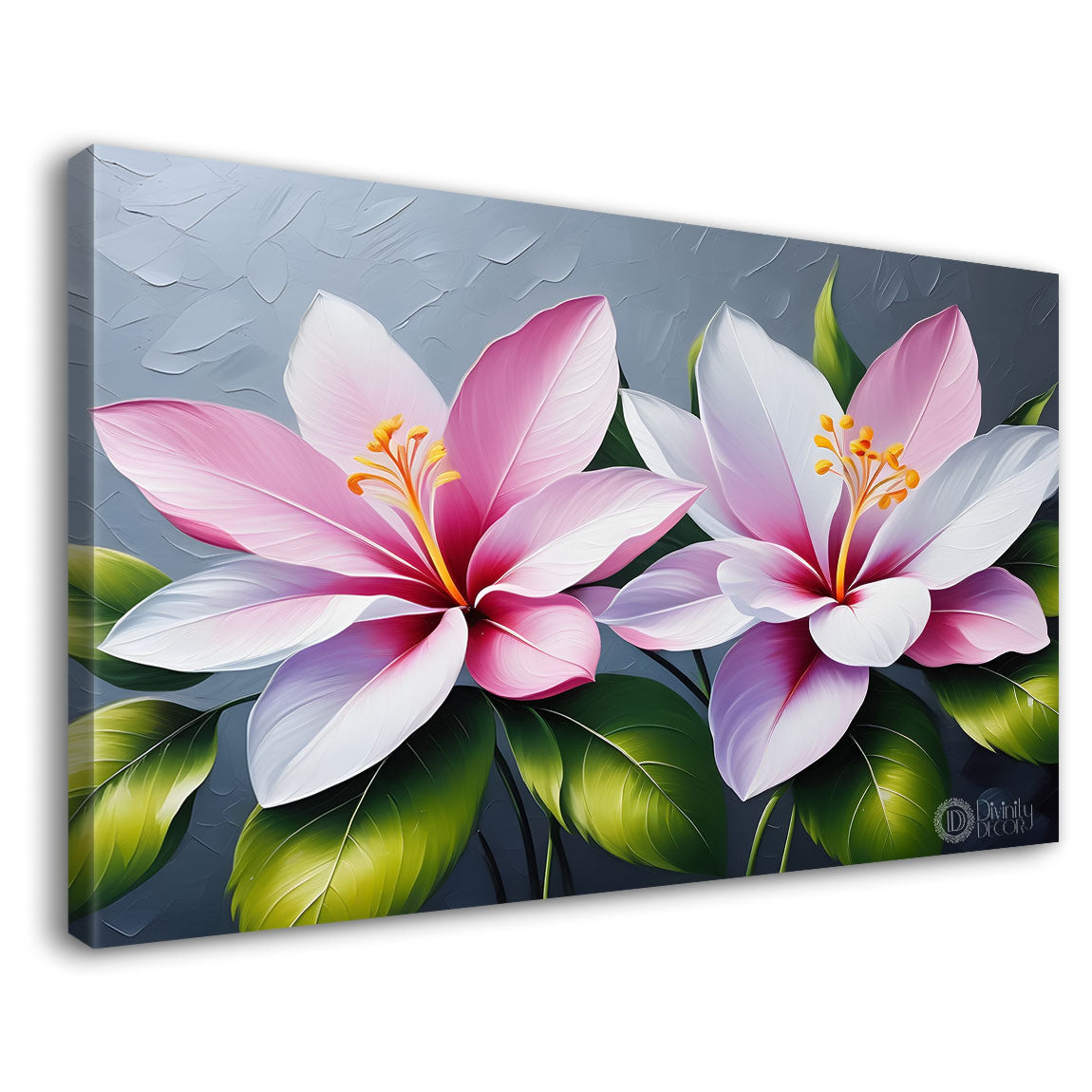 Pink flowers in grey background canvas painting- Flower-380