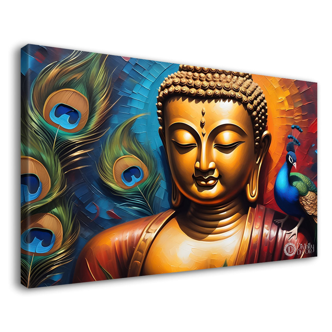 Golden buddha with peacock feather and orange textured background painting Canvas Wall Painting - Buddha-381