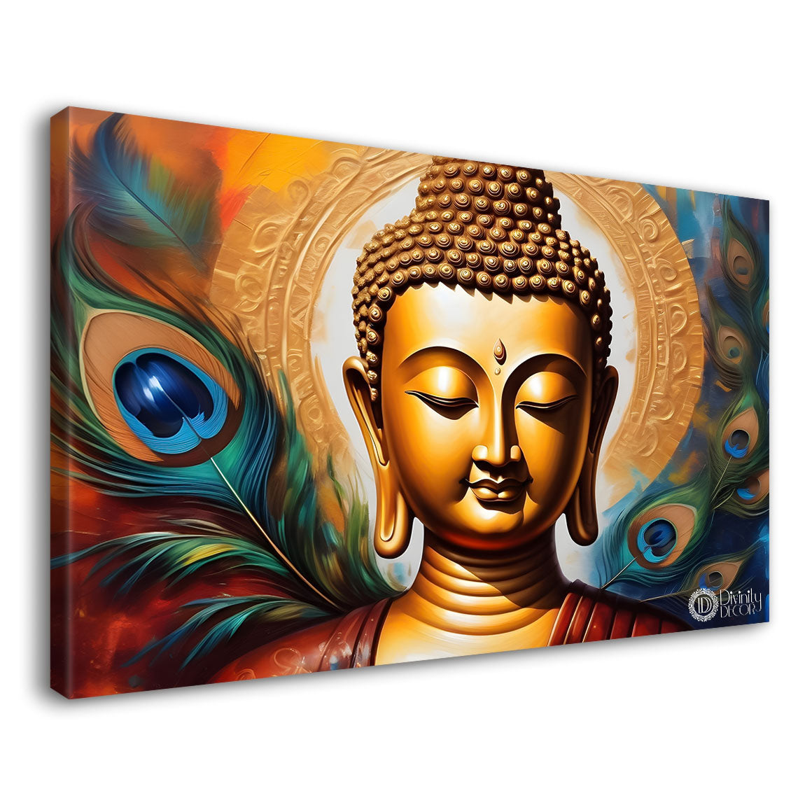 Golden buddha with peacock feather and orange textured background painting Canvas Wall Painting - Buddha-382