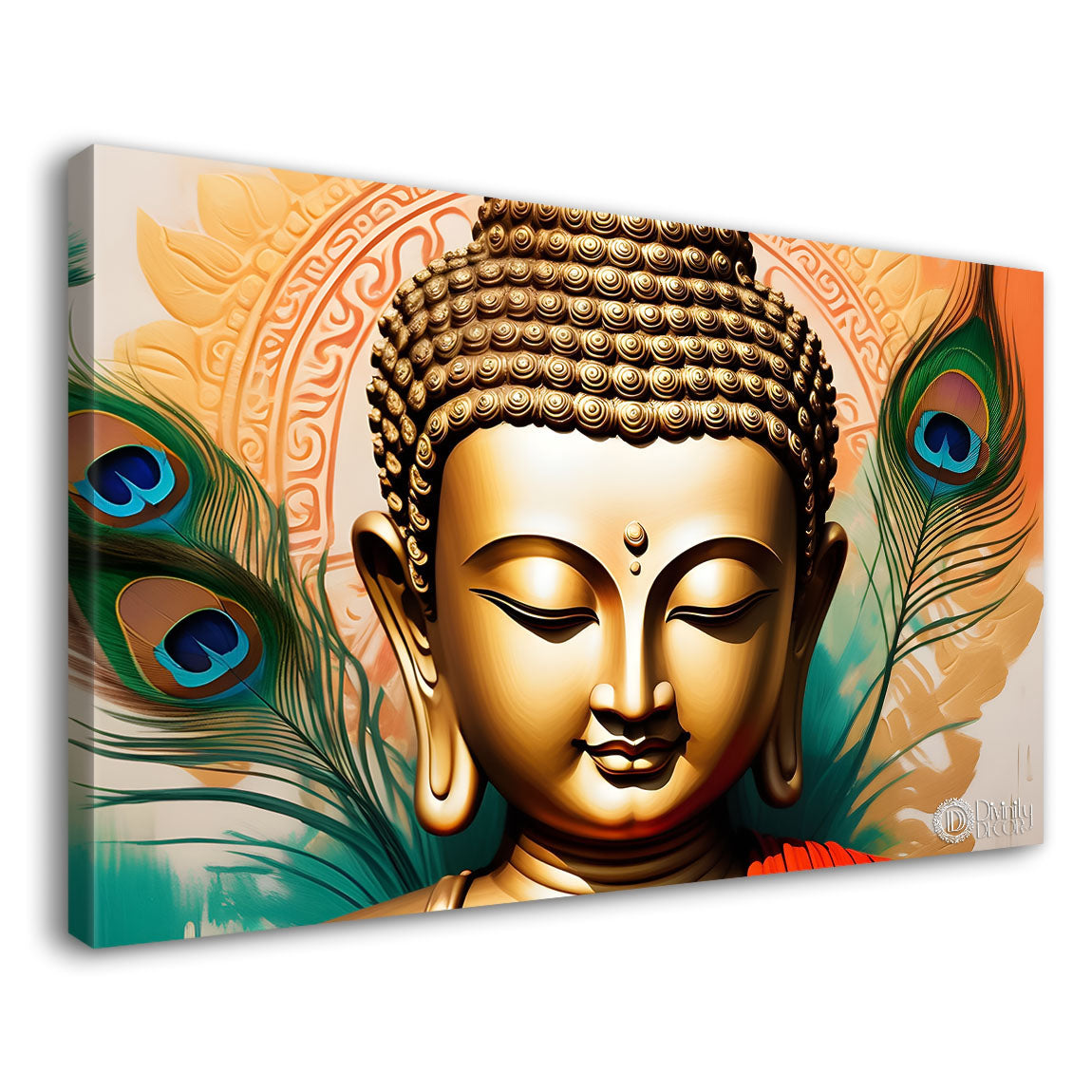 Golden buddha with peacock feather and yellow textured background painting Canvas Wall Painting - Buddha-383