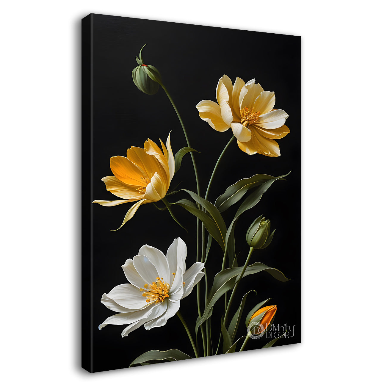 White and yellow flowers in dark textured painting- Flower-V-386