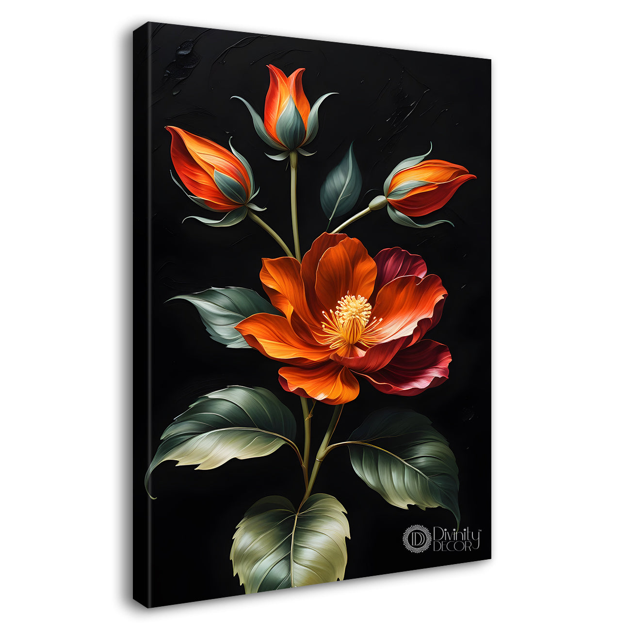 Red flowers in dark textured painting- Flower-V-387