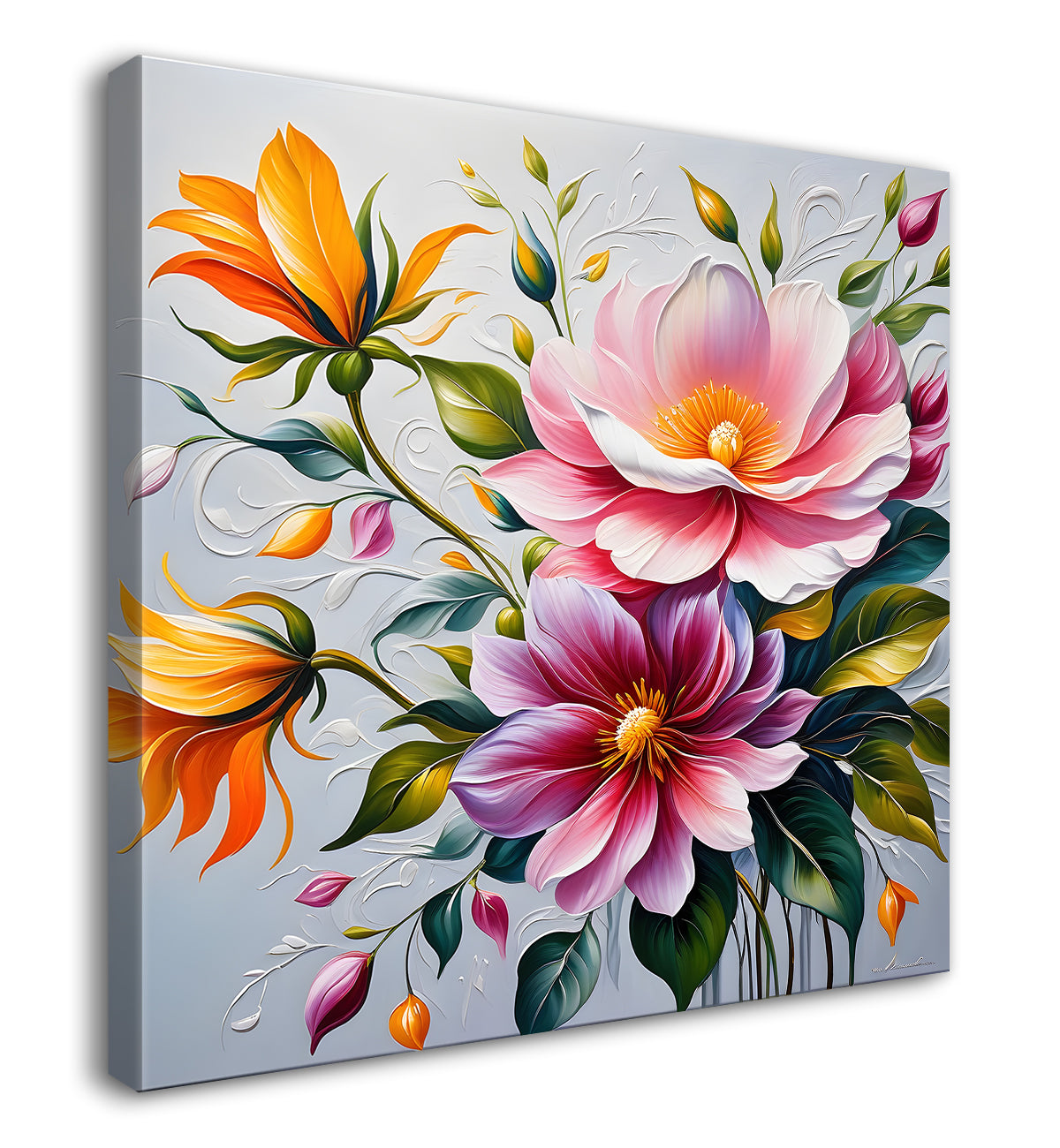 Pink flowers in textured painting   Flower-S-387