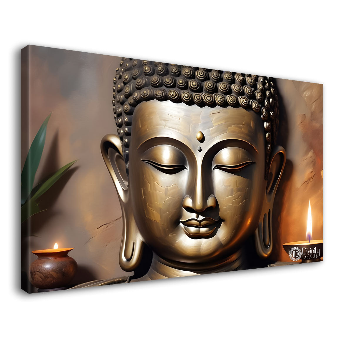 Golden buddha with brown and Diya textured background painting Canvas Wall Painting - Buddha-388