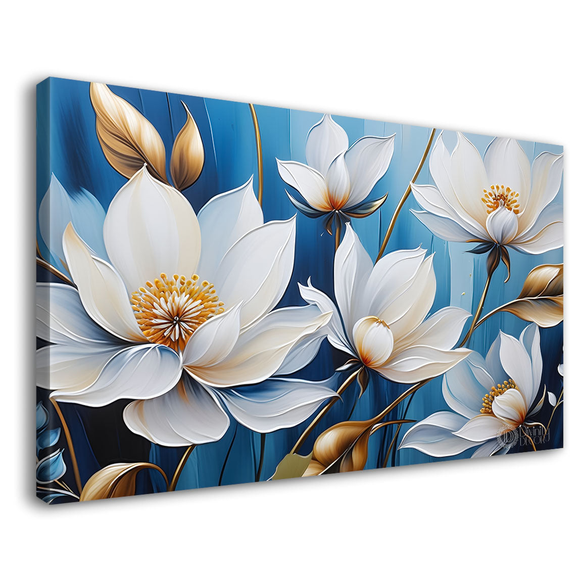 White flowers in blue background canvas painting- Flower-388