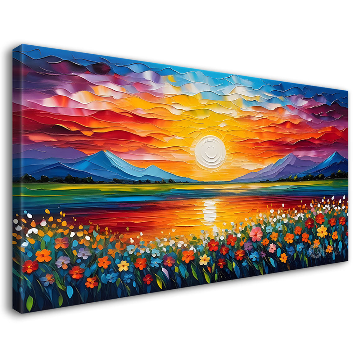 Mountains with flowers and sunset painting Canvas Painting - Nature Art -388