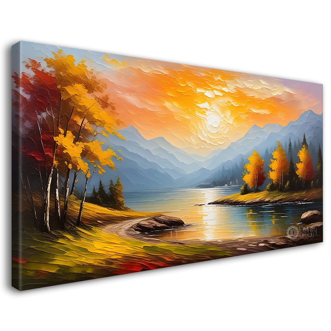Trees with mountains and river painting Canvas Painting - Nature Art -389