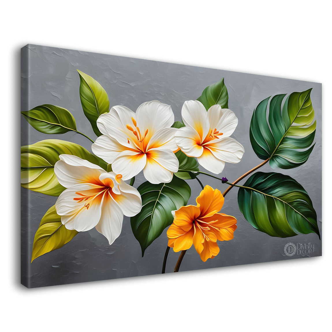 White and orange flowers in grey background canvas painting- Flower-389