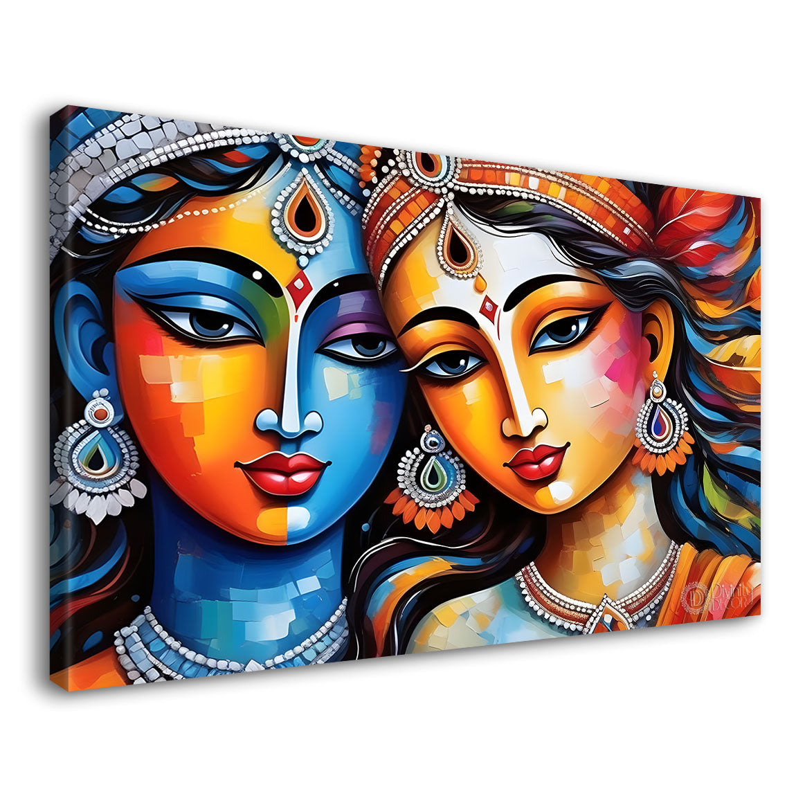 Blue face Krishna and Radha in bright textured painting Canvas Painting - Design - Krishna-38