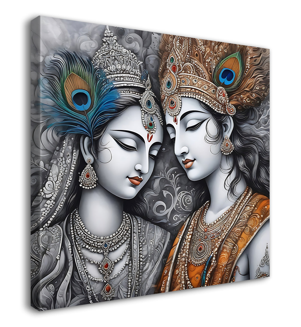 Krishna and radha with grey and bown textured oil painting Canvas Painting 24X24- Design - Krishna-S-38
