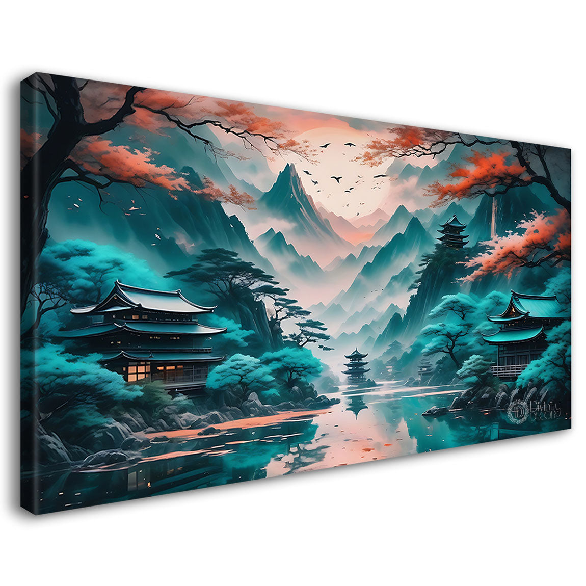 Mountains with river and orange trees in aqua green background textured natural art Canvas Painting - Nature Art -38