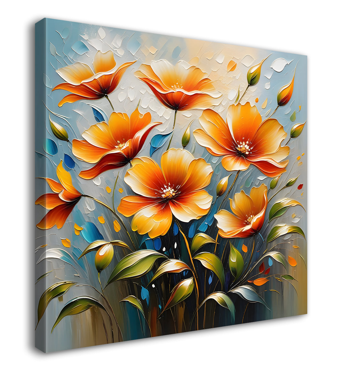 Purple flower in blue background textured painting - Flower-S-39