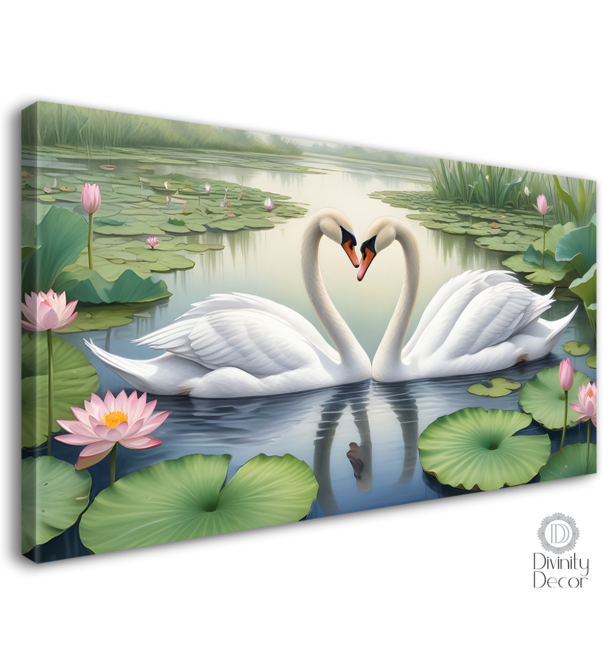 Two swans floating with lotus and green background textured art. - Design - Animal -38