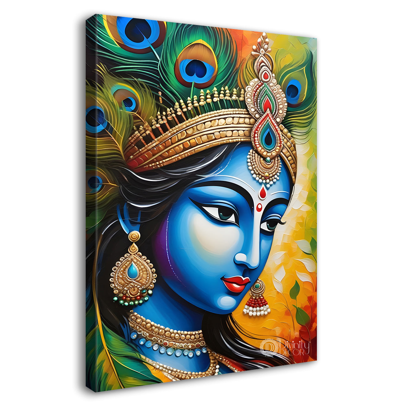 Blue face of krishna in peacock feathers background textured art Canvas Painting - Design - Krishna-V-38