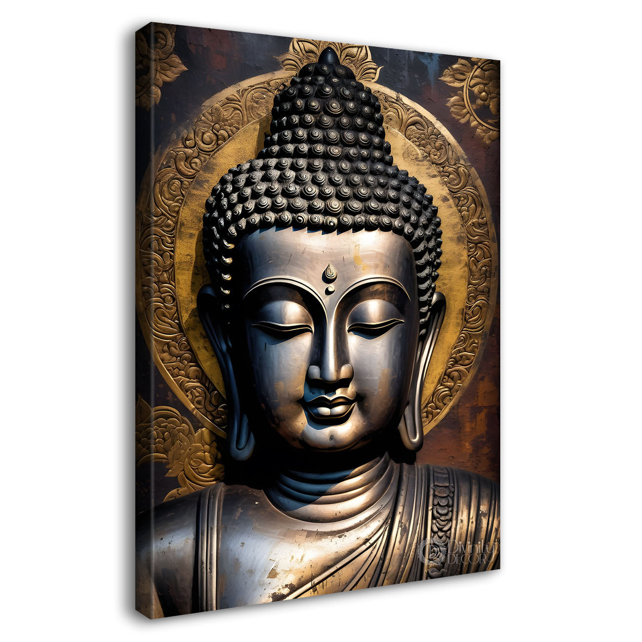 Golden buddha face with grey background textured painting - Buddha-V-38