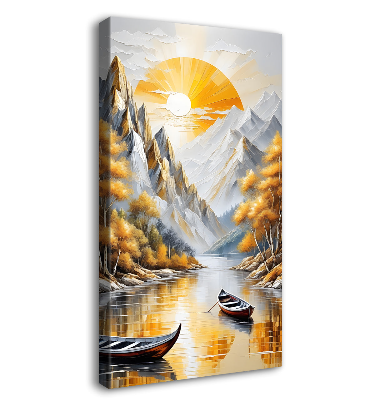 Yellow trees with lake and white mountains textured painting Canvas Painting - Nature Art -V-38