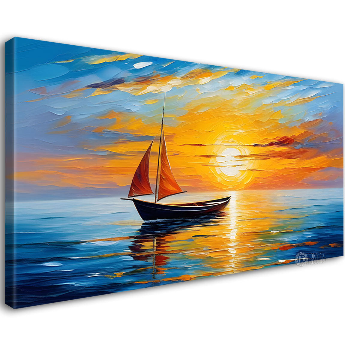 Boat in sea with sunrise background textured modern art canvas painting - Design - River-38
