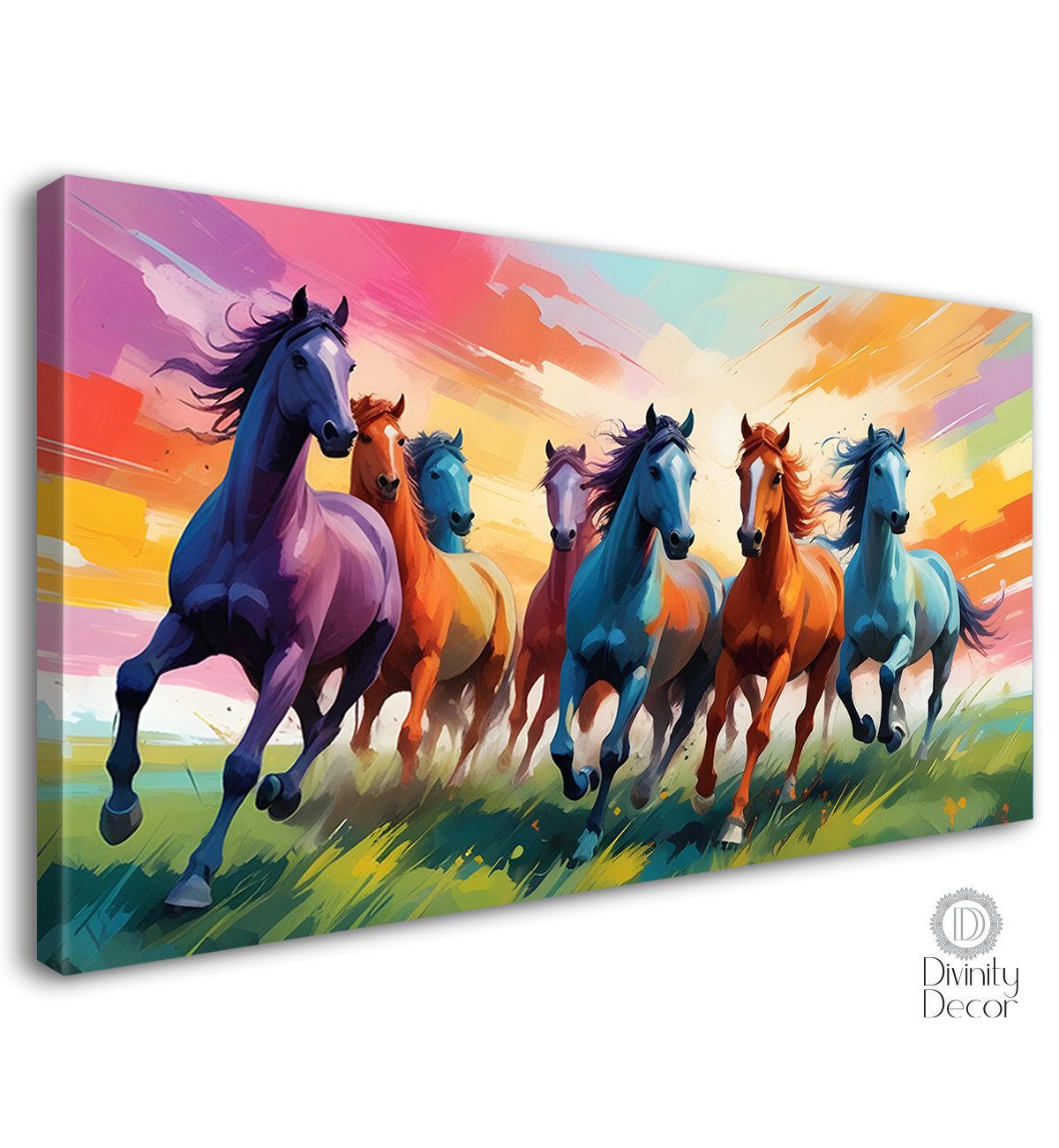 Brown, purple and blue running horses on the field in colorful textured background art Canvas Painting - Design - Horse-39