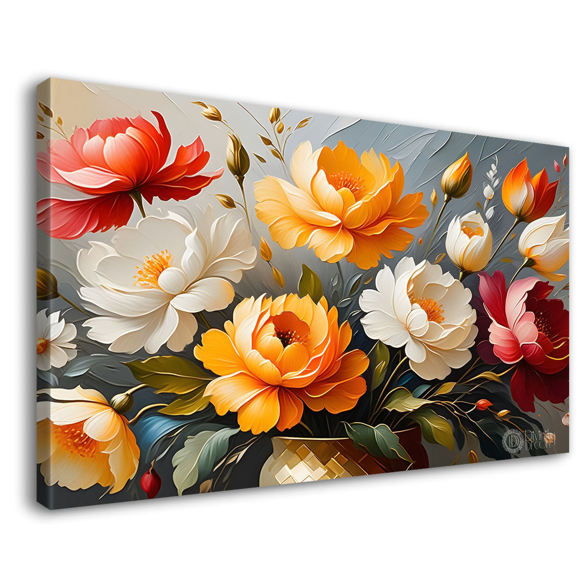Colorful flowers in grey background canvas painting- Flower-391