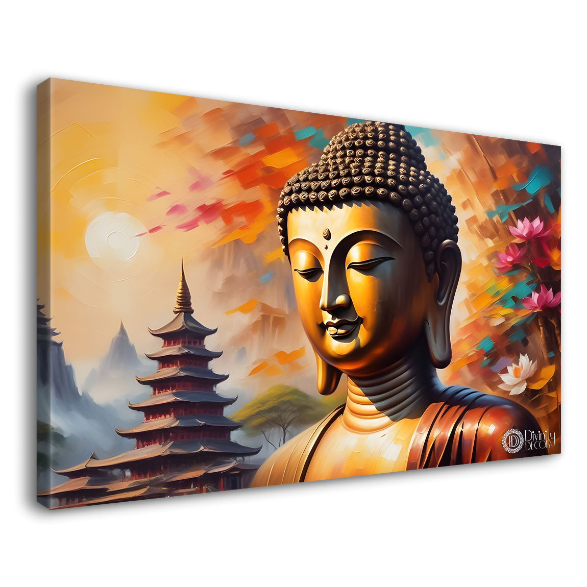 Golden buddha with temple textured painting Canvas Wall Painting - Buddha-392
