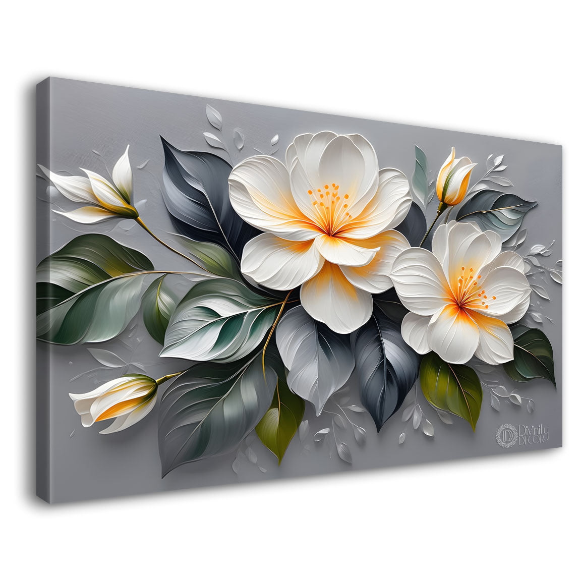 White flowers in grey background canvas painting- Flower-392