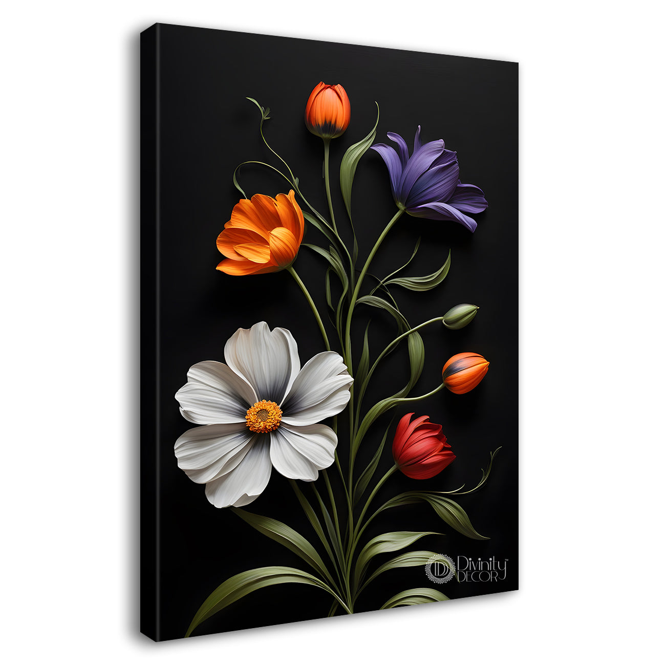 Colourful flowers in dark textured painting- Flower-V-392