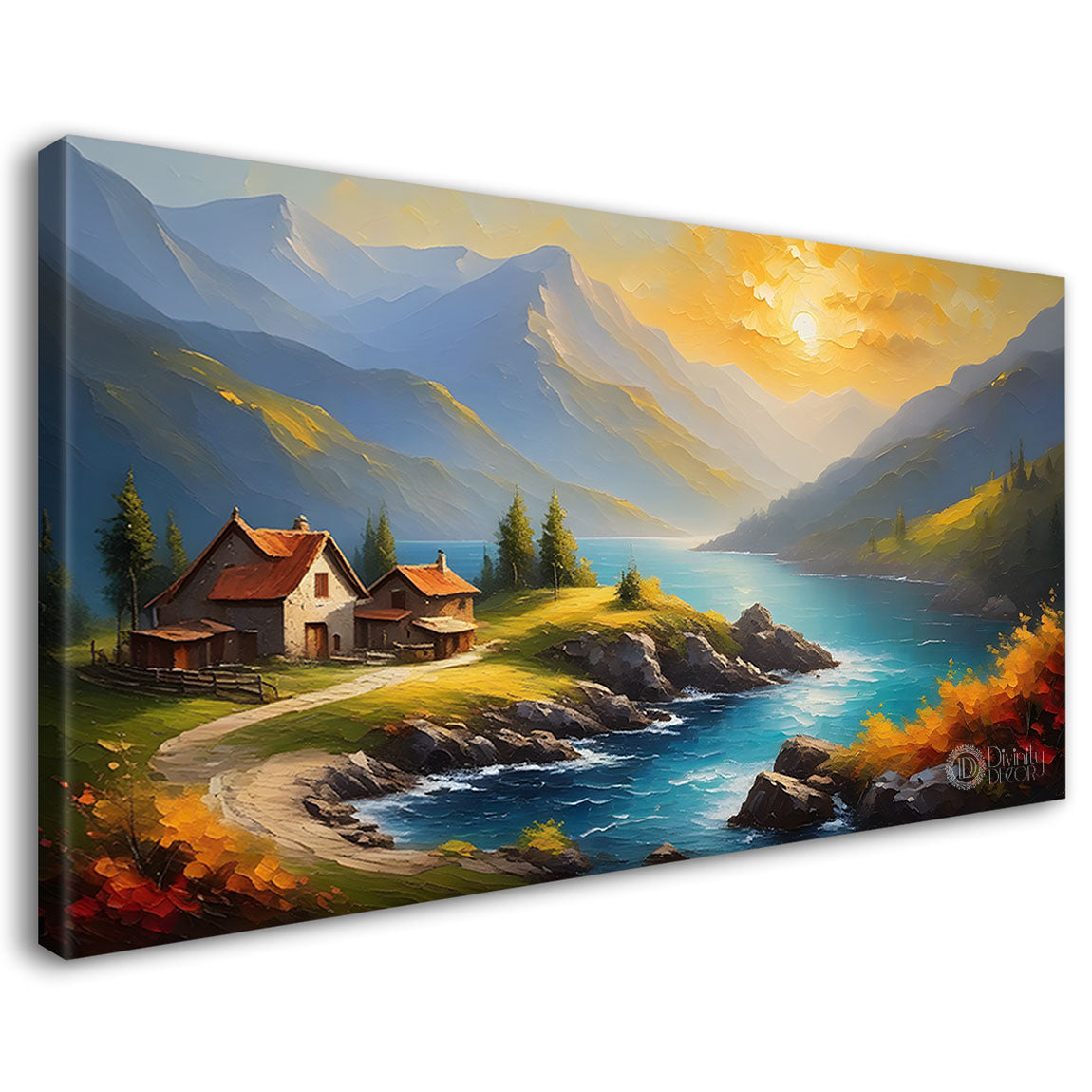Mountains with river and sunset painting Canvas Painting - Nature Art -392