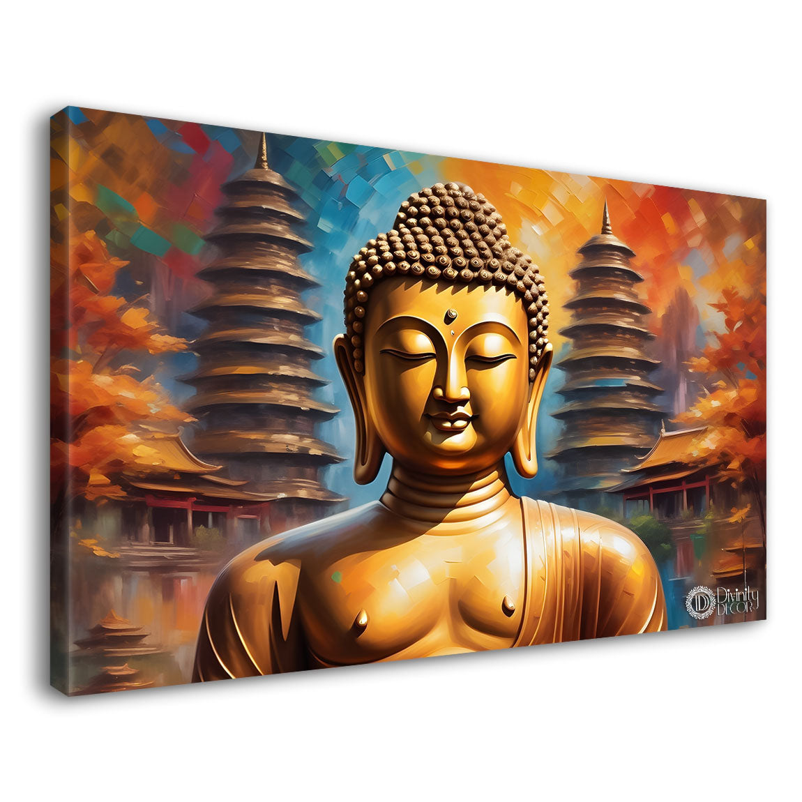 Golden buddha with temple textured painting Canvas Wall Painting - Buddha-393