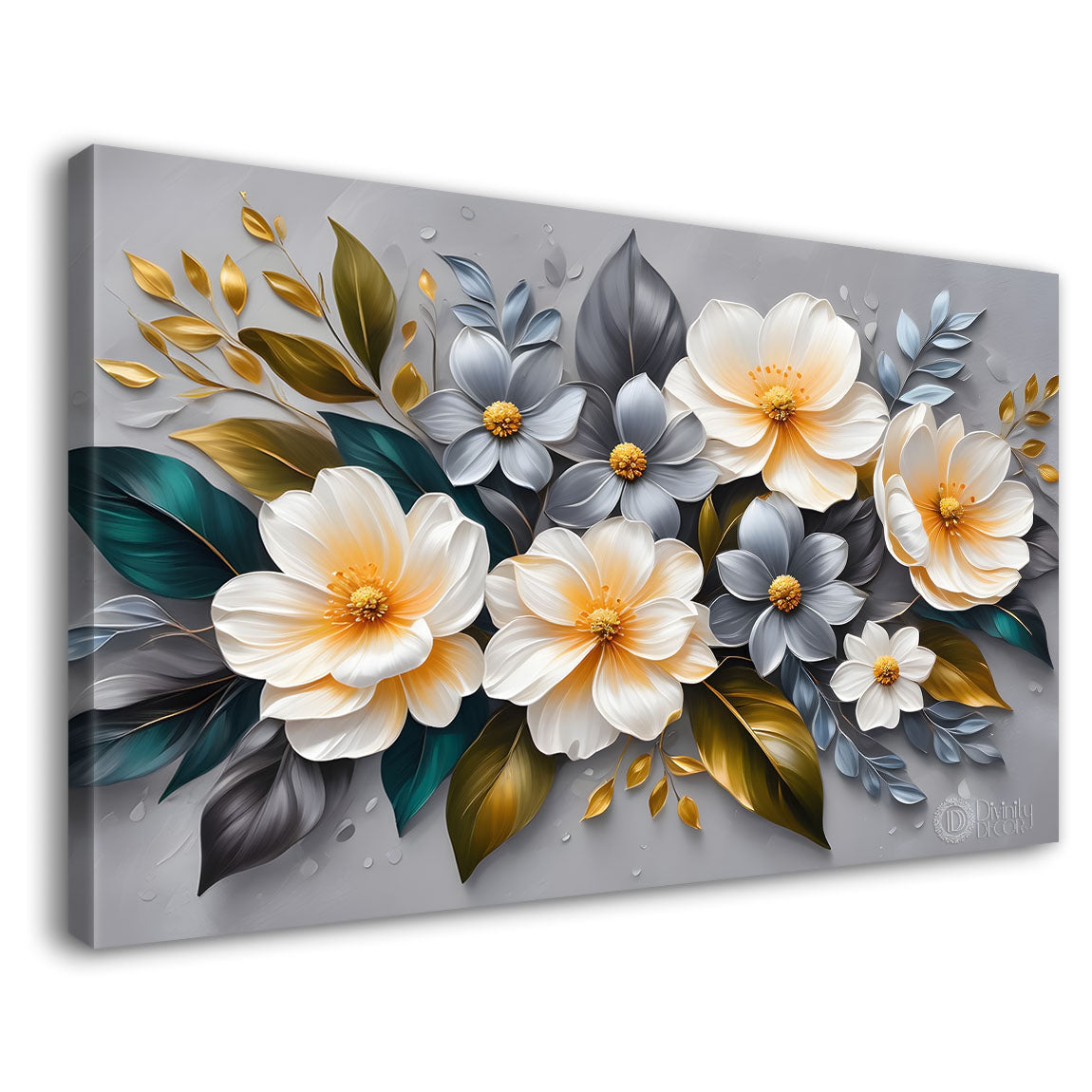 White flowers in grey background canvas painting- Flower-393