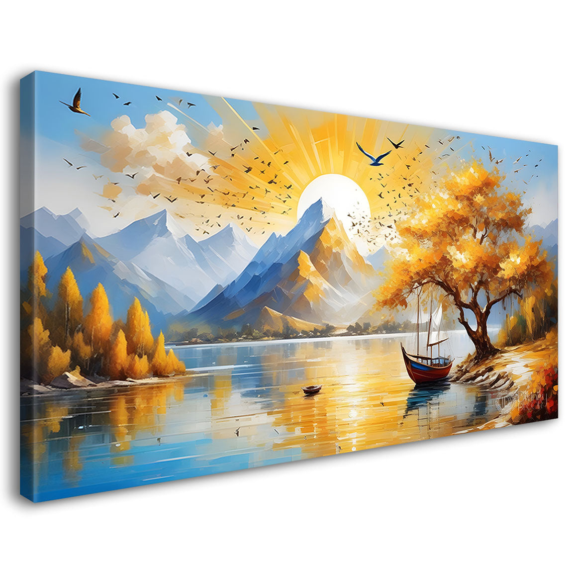 Mountains with golden trees and river painting Canvas Painting - Nature Art -394