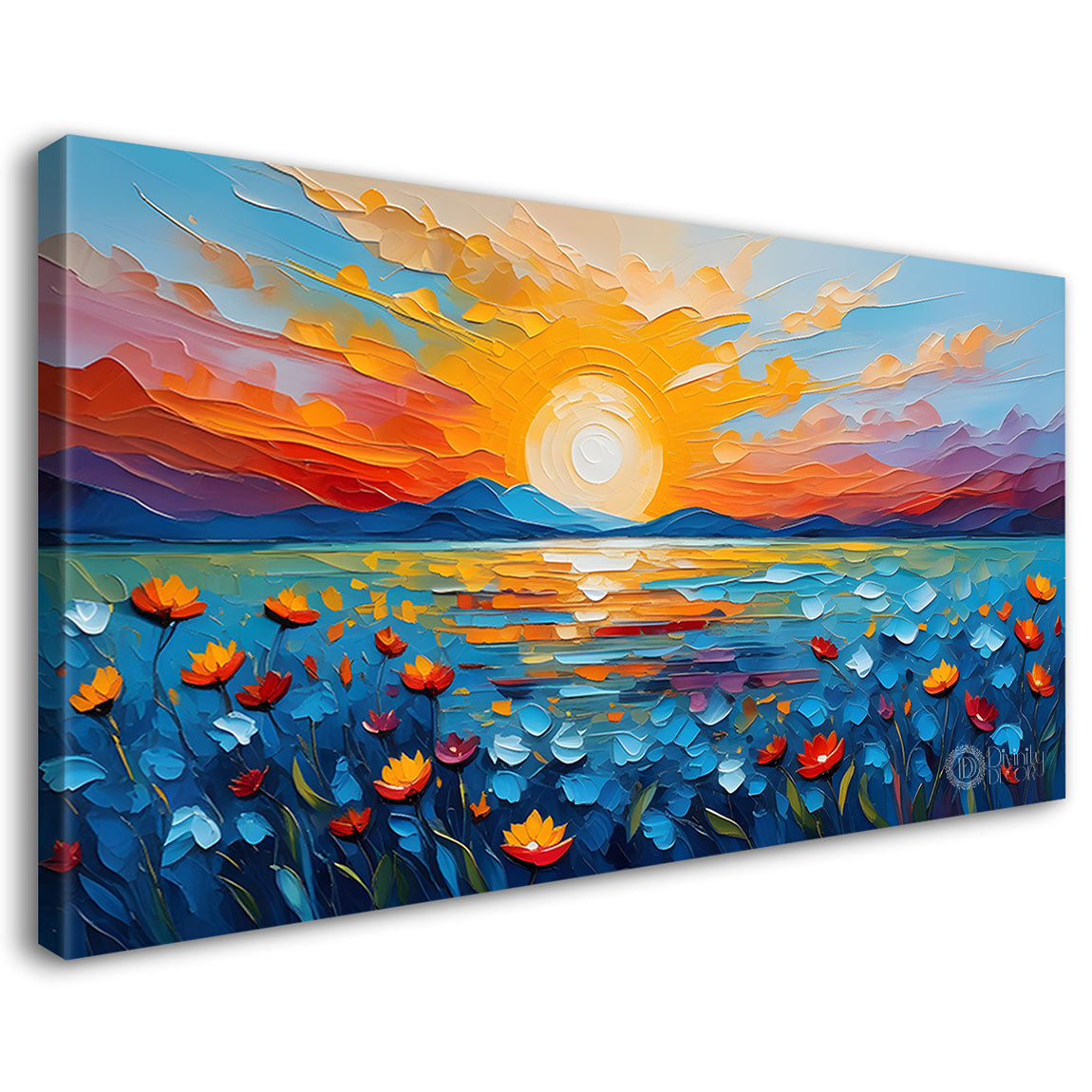 Mountains with flowers and sunset painting Canvas Painting - Nature Art -395