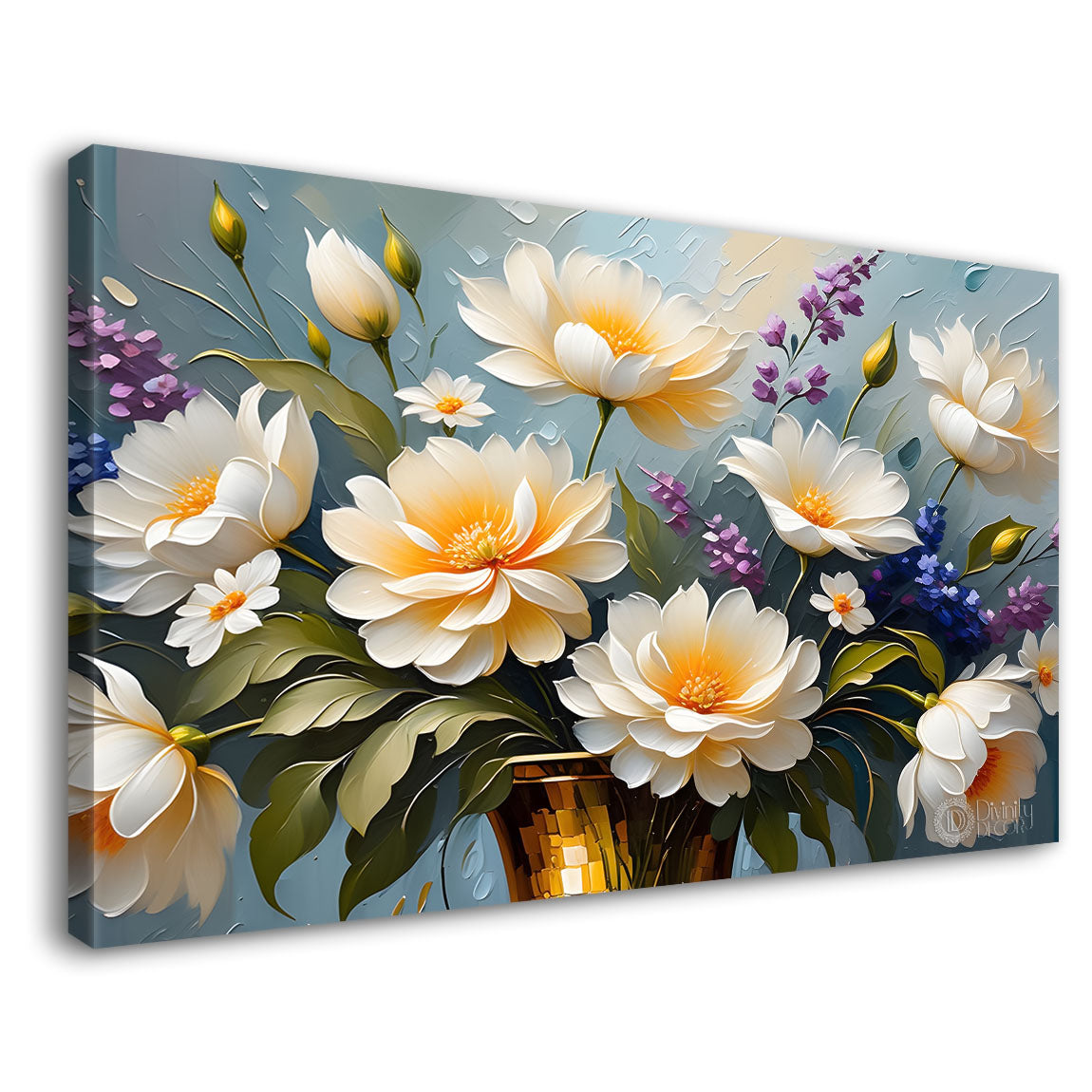 White flowers in blue background canvas painting- Flower-395