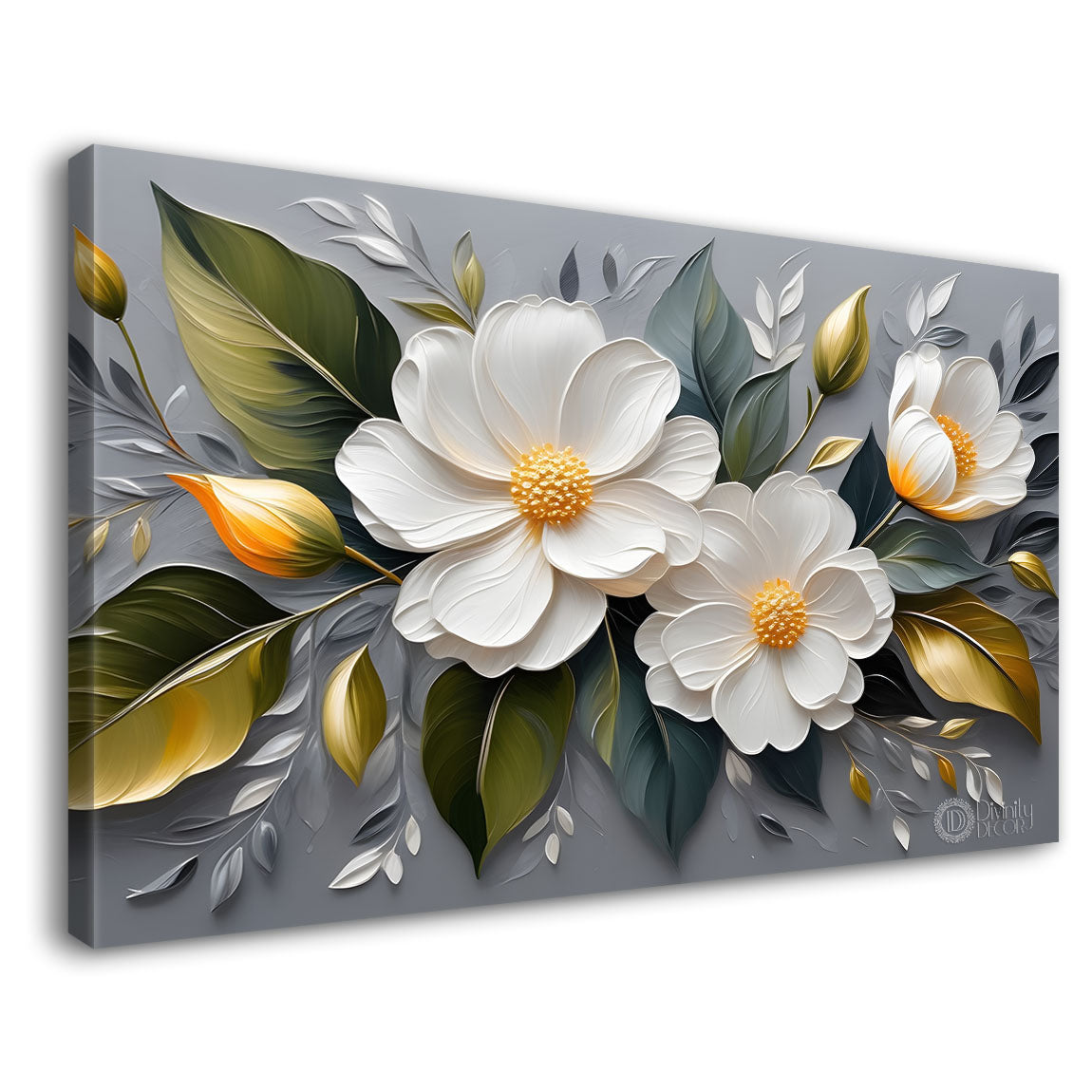 White flowers in grey background canvas painting- Flower-396