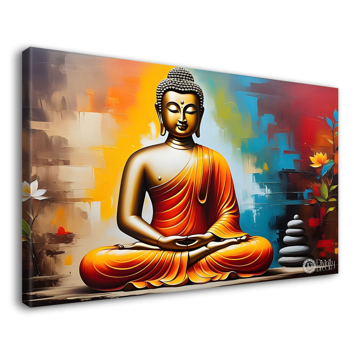 Golden buddha with colorful textured background painting Canvas Wall Painting - Buddha-397