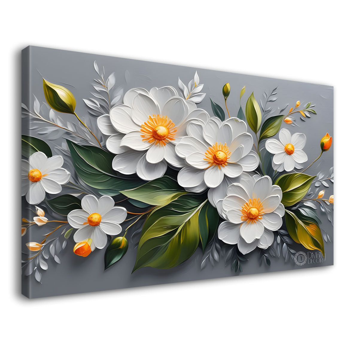 White flowers in grey background canvas painting- Flower-397