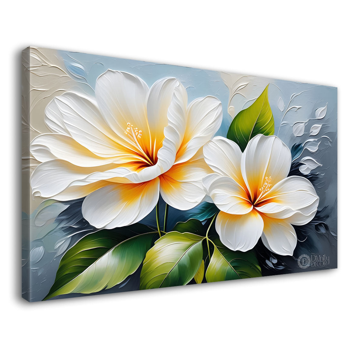 White flowers in blue background canvas painting- Flower-399