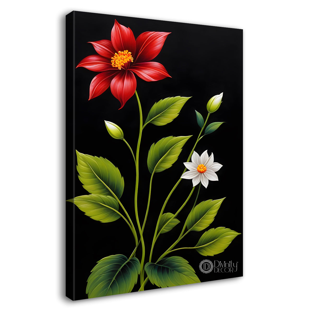 Red flowers in dark textured painting- Flower-V-399