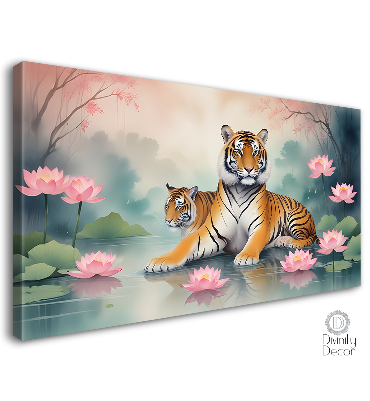 Two tigers with lotus in fog textured art.- Design - Animal -39