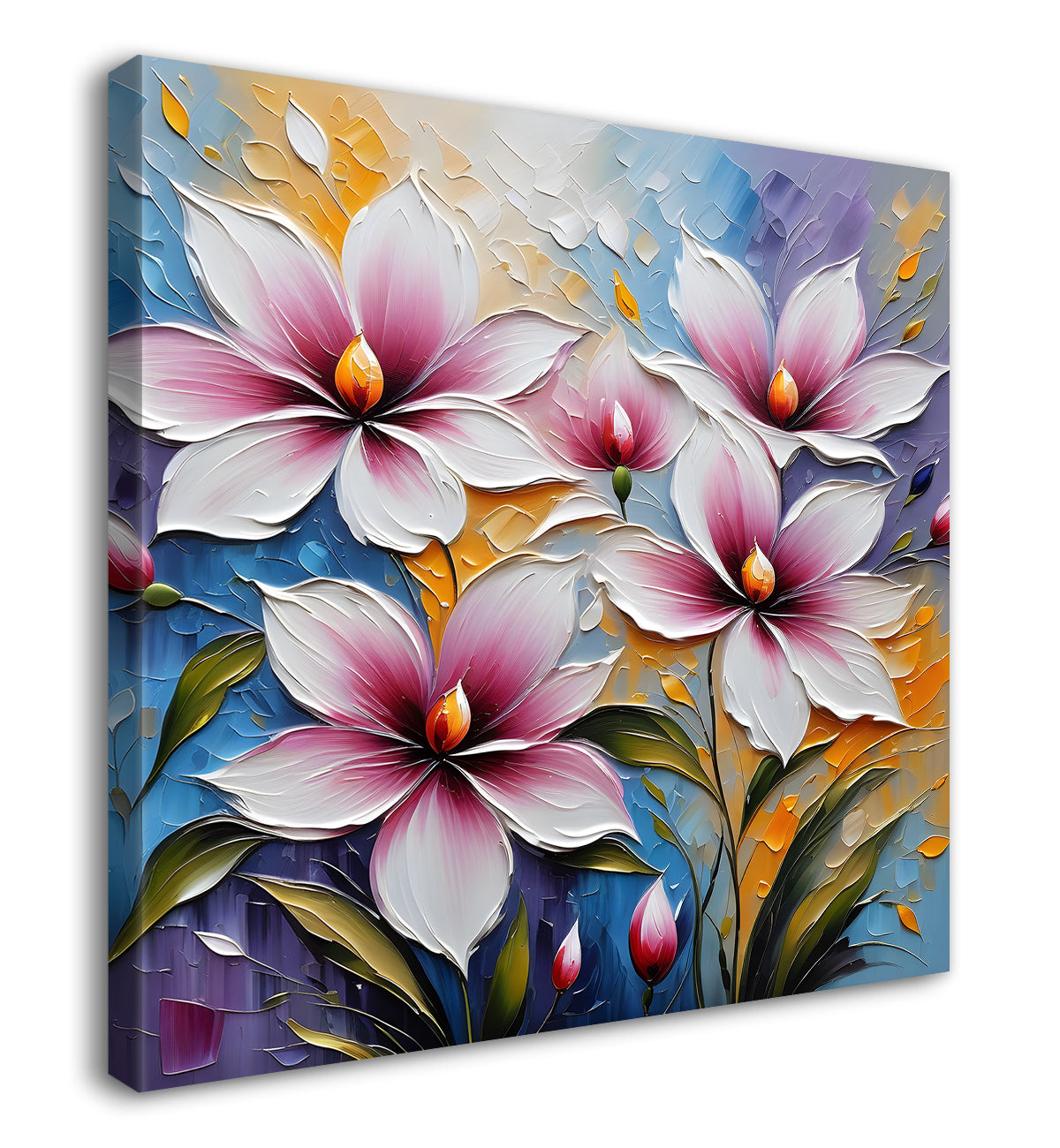 White and purple flowers in blue background textured painting  - Flower-S-40